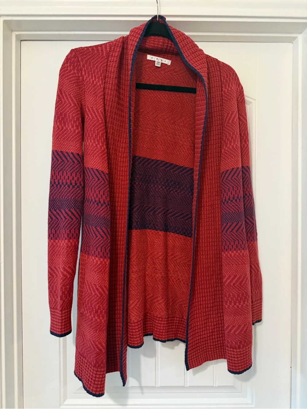 CAbi Red Open-Front Cardigan with Navy Pattern Accents